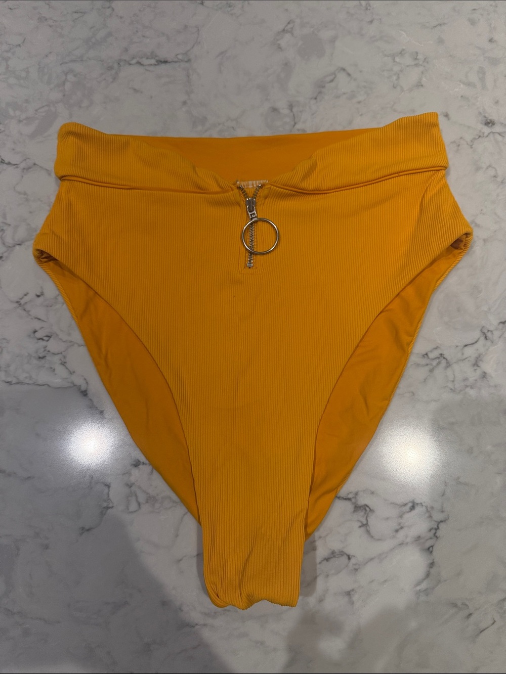 l*space High-Waist Ribbed Swim Bottom in Mustard Yellow with Front Ring Zip
